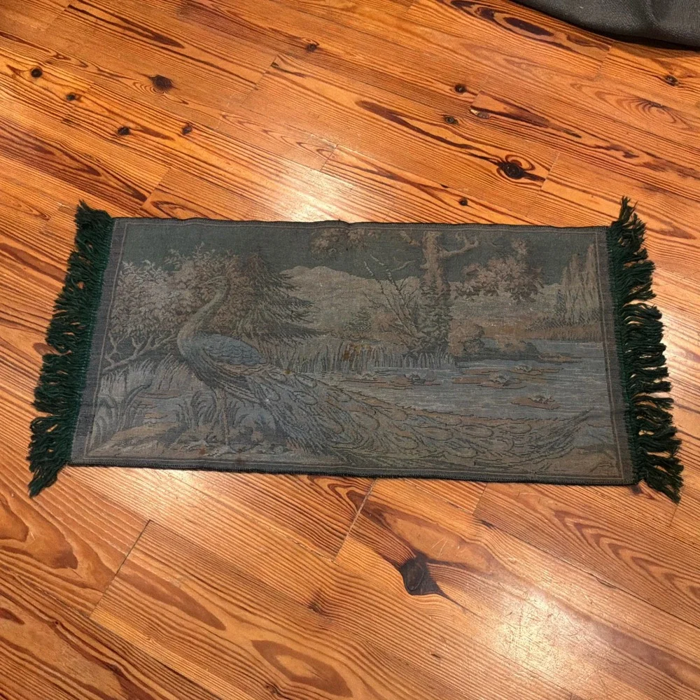 VTG Velvet Peacock Tapestry Wall Hanging Forest Landscape Fringed Whimsigoth EUC